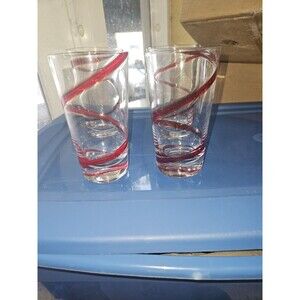 Pier 1 Red Swirline Highball Tall Pint Glasses Tumblers (4)